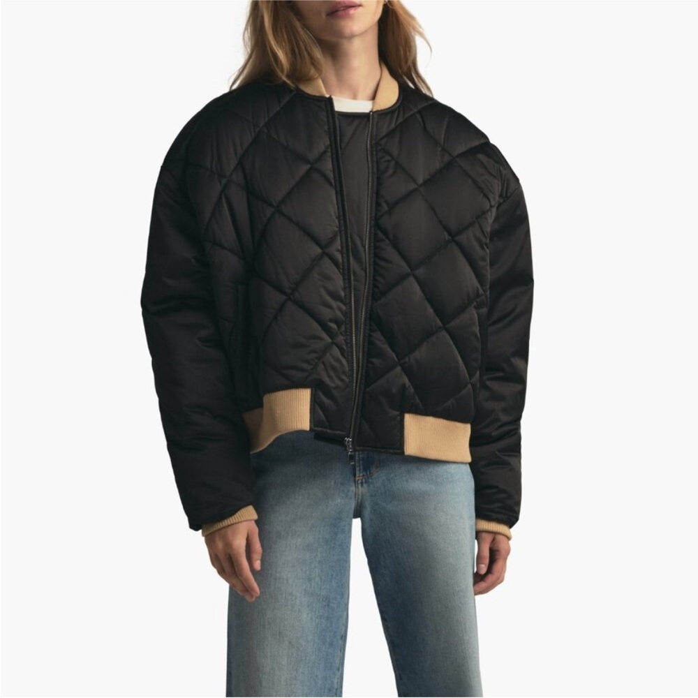 Favorite Daughter Black Quilted Bomber Jacket with Tan Trim
